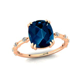 Cushion Cut London Blue Topaz Engagement Ring with Distant Diamond Band - GeumJewels