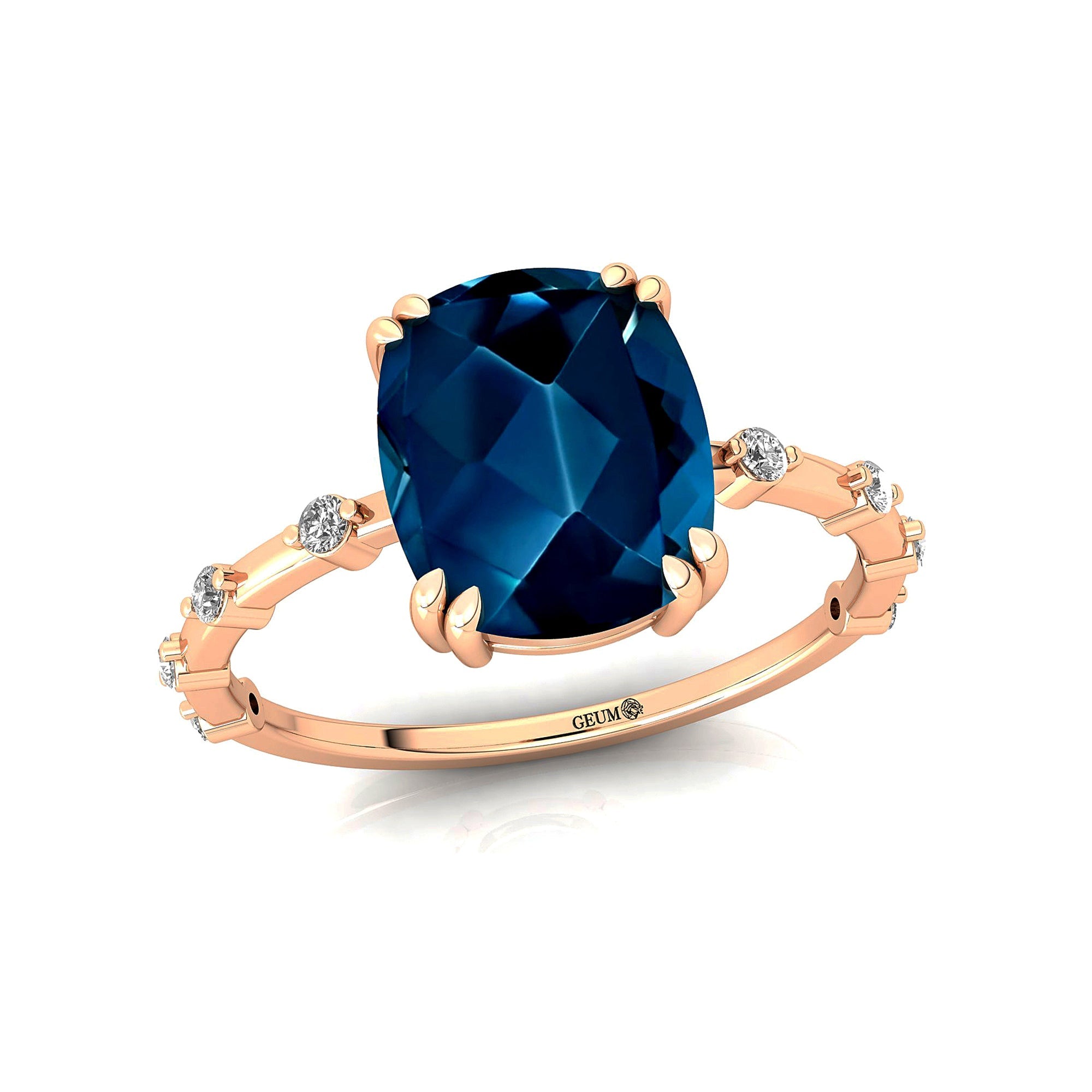 Cushion Cut London Blue Topaz Engagement Ring with Distant Diamond Band - GeumJewels