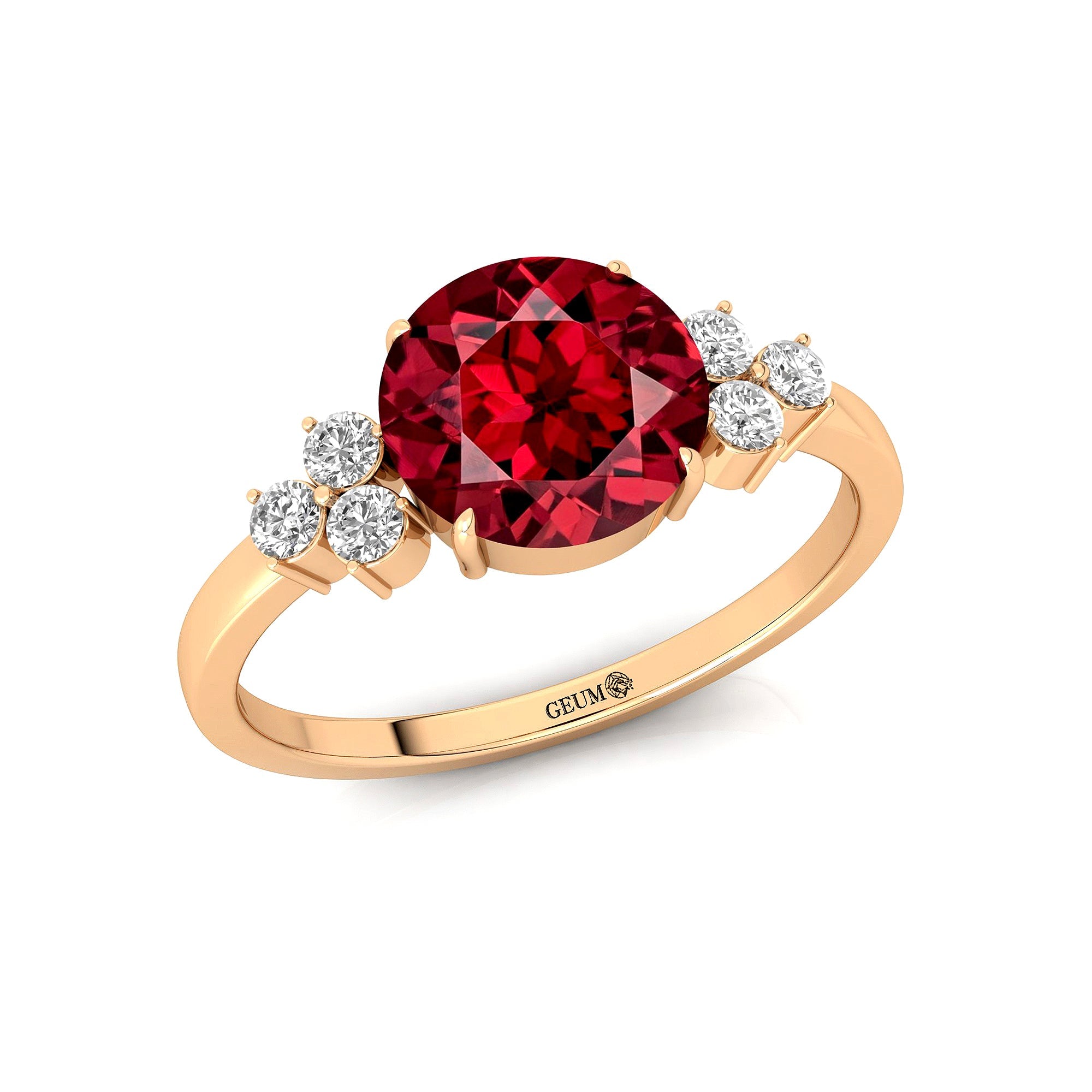 Trio Diamond Engagement Ring with Round Solitaire Garnet - GeumJewels