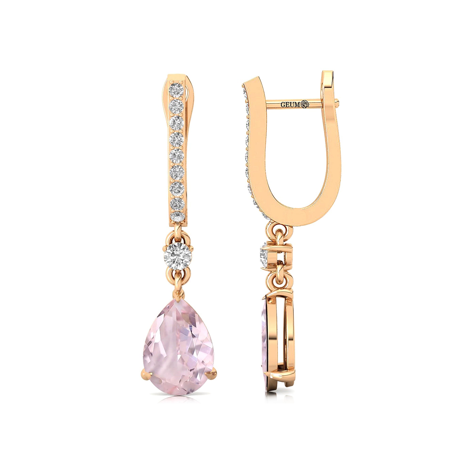 Lever Back Diamond Drop Earrings with Pear Cut Morganite - GeumJewels