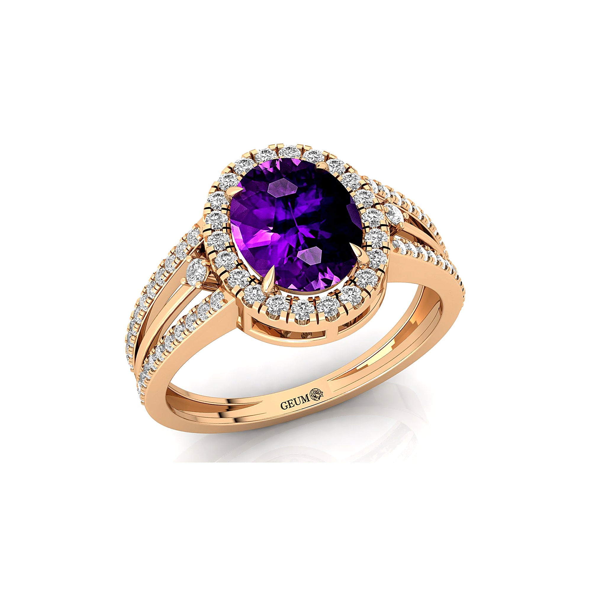 Solitaire Oval Amethyst Split Shank Diamond Engagement Ring - GeumJewels
