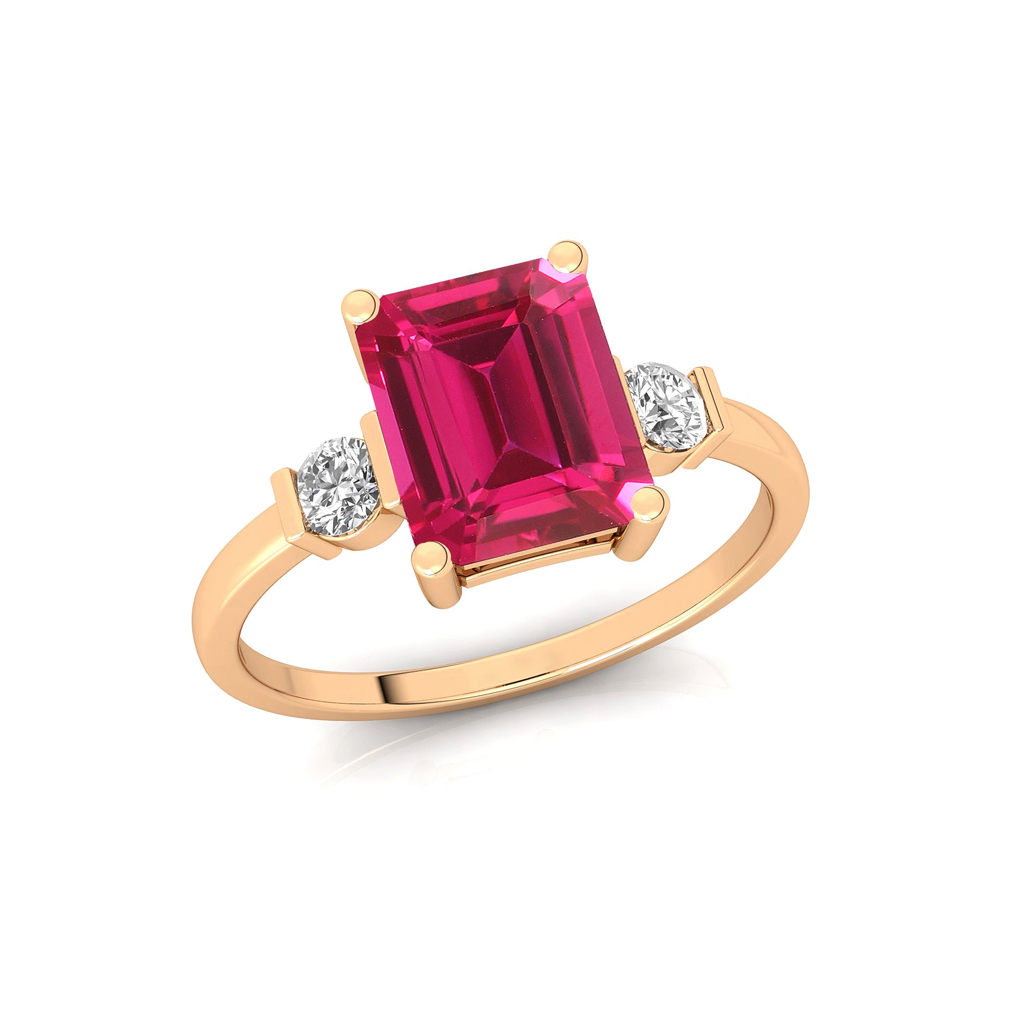 Emerald Cut Pink Sapphire and Diamond Three Stone Ring - GeumJewels