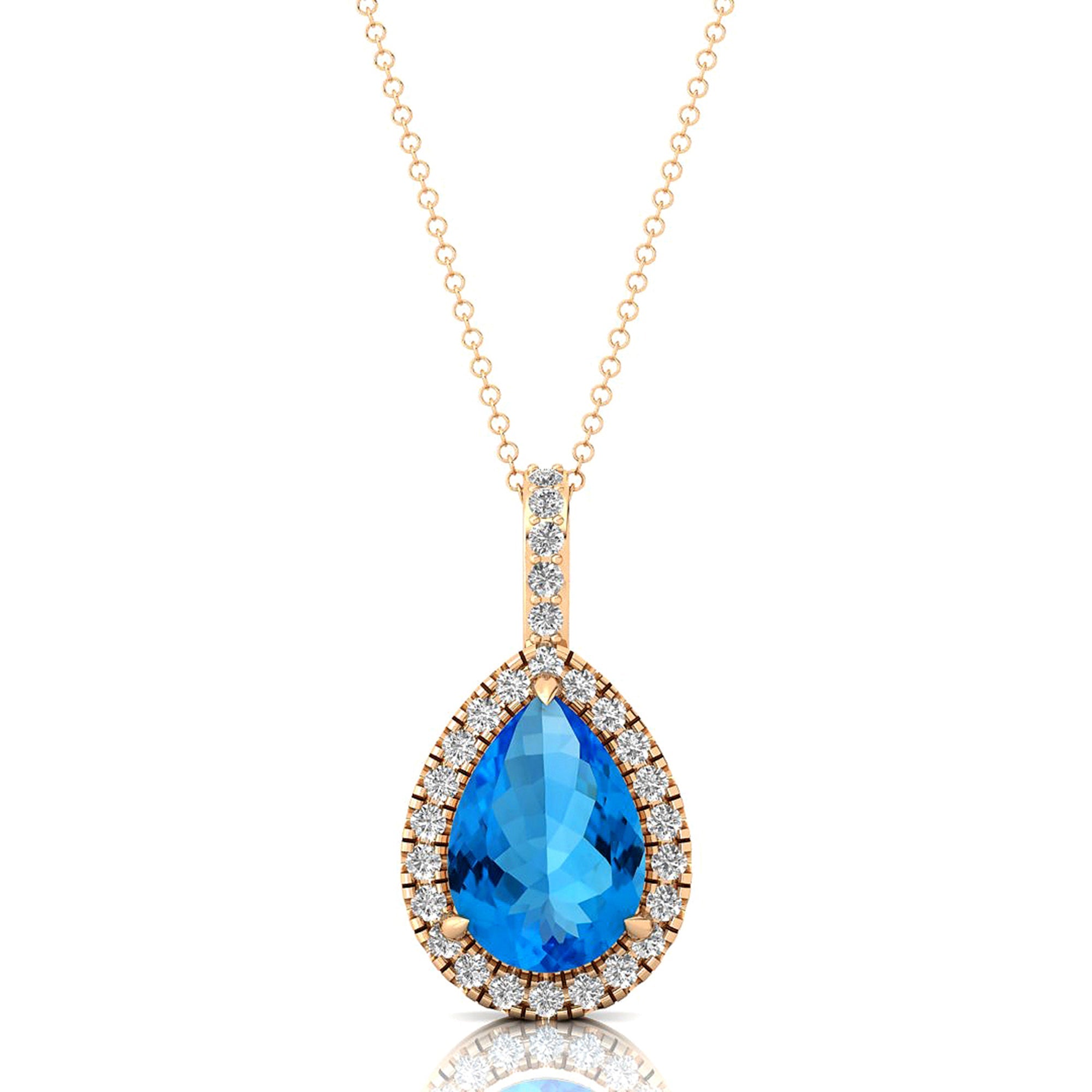 Swiss Blue Topaz Teardrop Pendant with Diamond Halo - GeumJewels