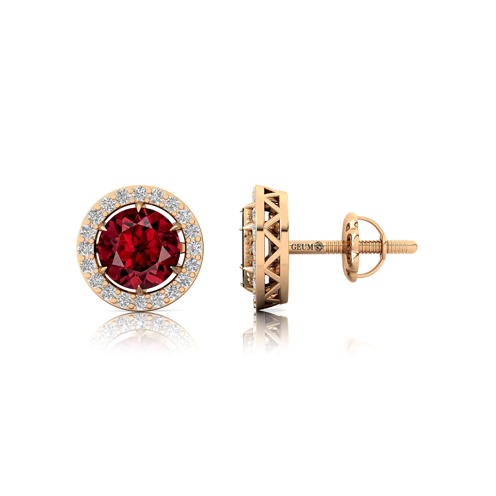 Round Solitaire Garnet Halo Diamond Stud Earrings - GeumJewels