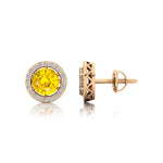Round Solitaire Yellow Sapphire Halo Diamond Stud Earrings - GeumJewels