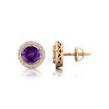 Round Solitaire Amethyst Halo Diamond Stud Earrings - GeumJewels