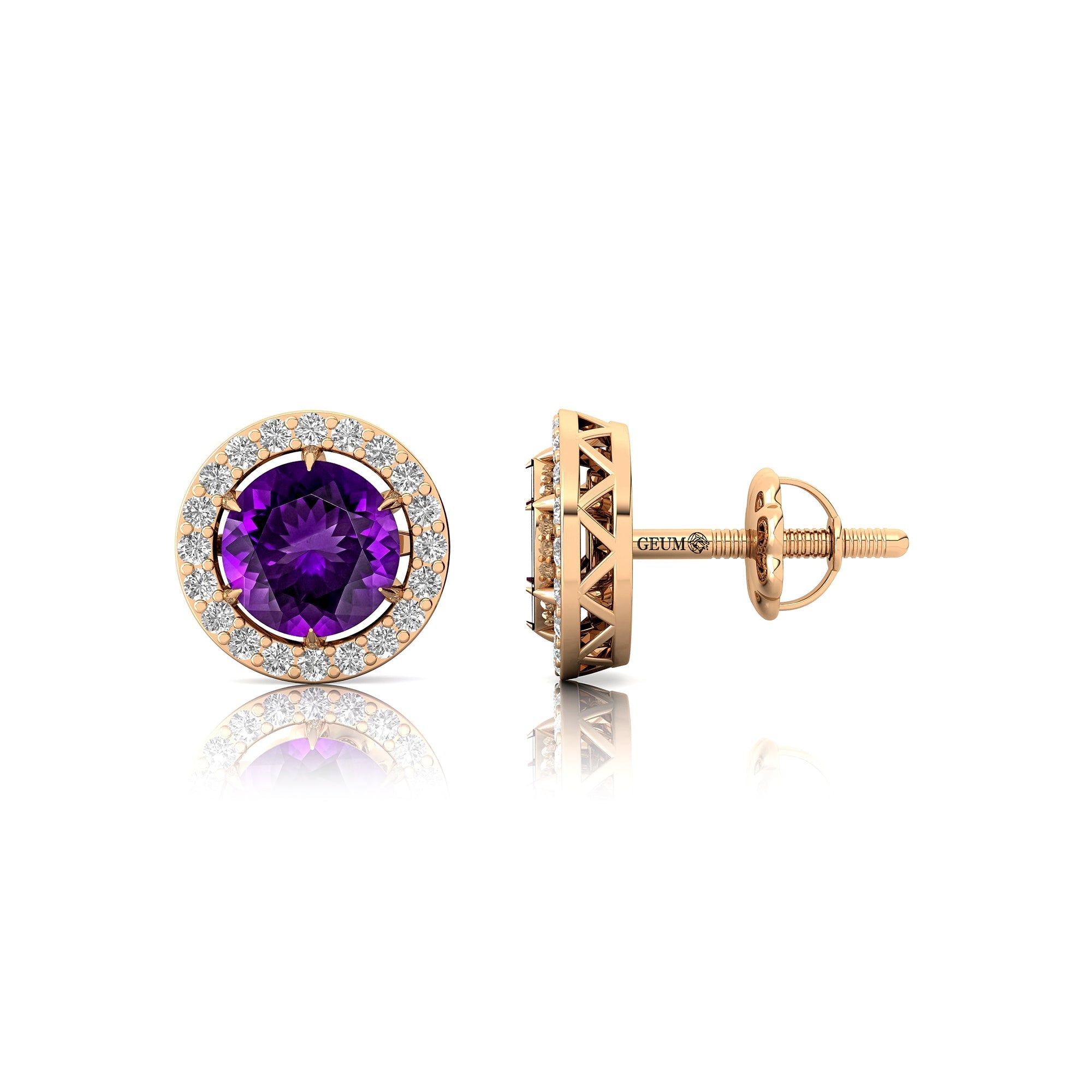 Round Solitaire Amethyst Halo Diamond Stud Earrings - GeumJewels