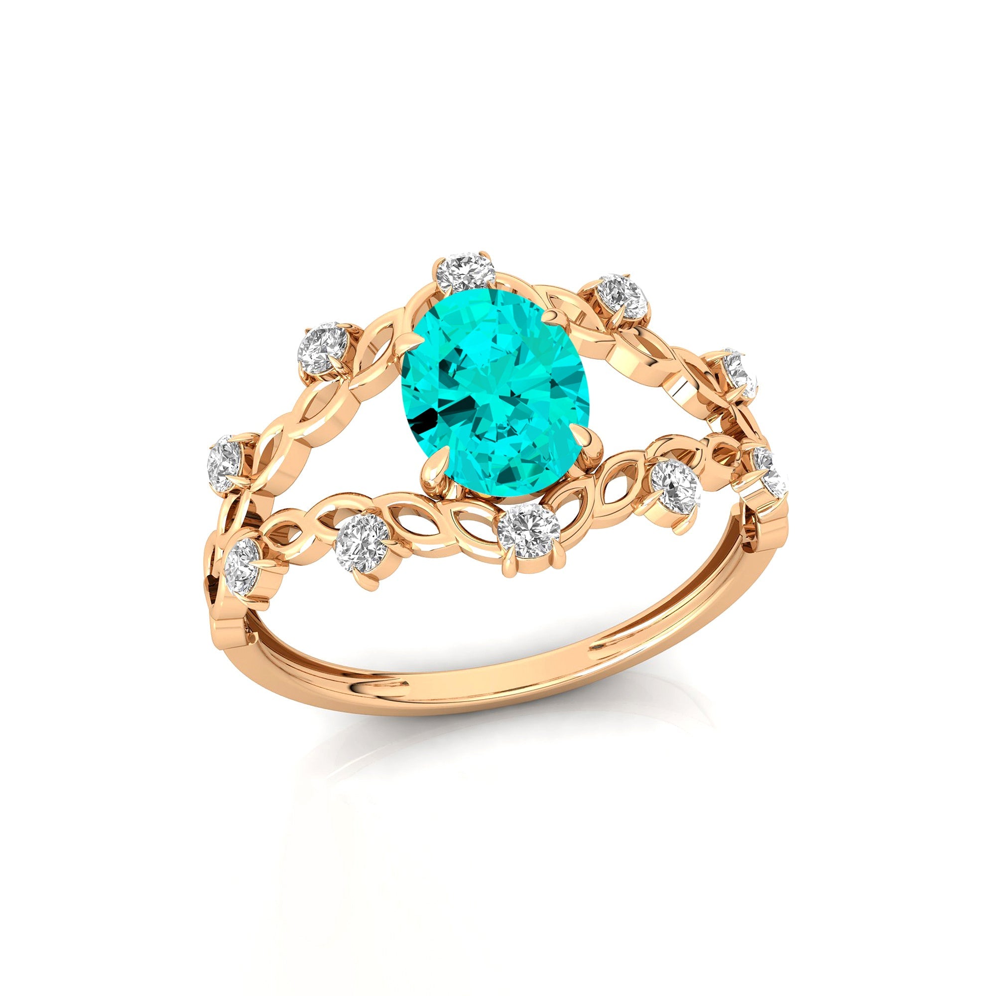 Flower Inspired Ring with Oval Shaped Paraiba Tourmaline and Accent Diamonds - GeumJewels