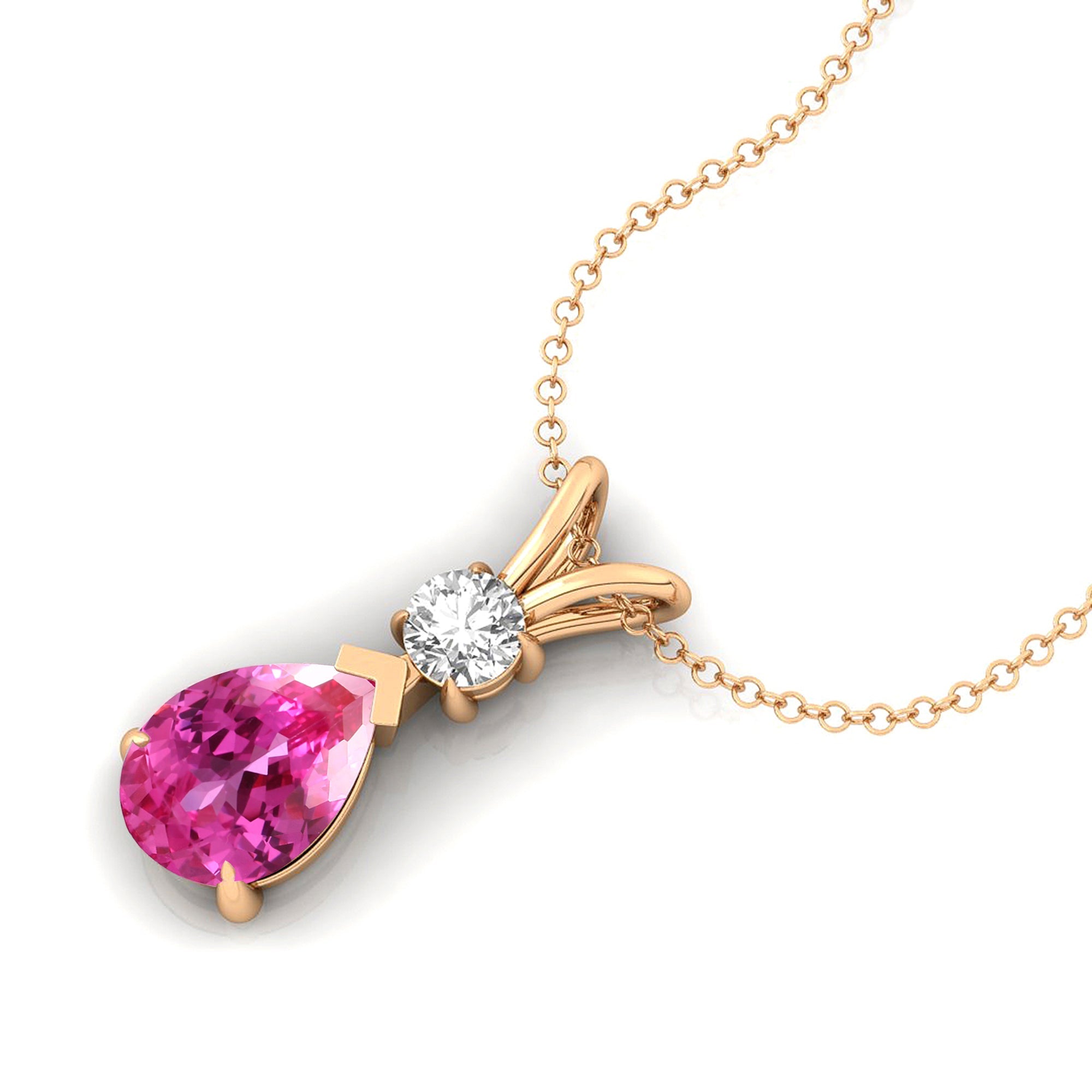 Pink Sapphire Teardrop Pendant with Solitaire Diamond - GeumJewels