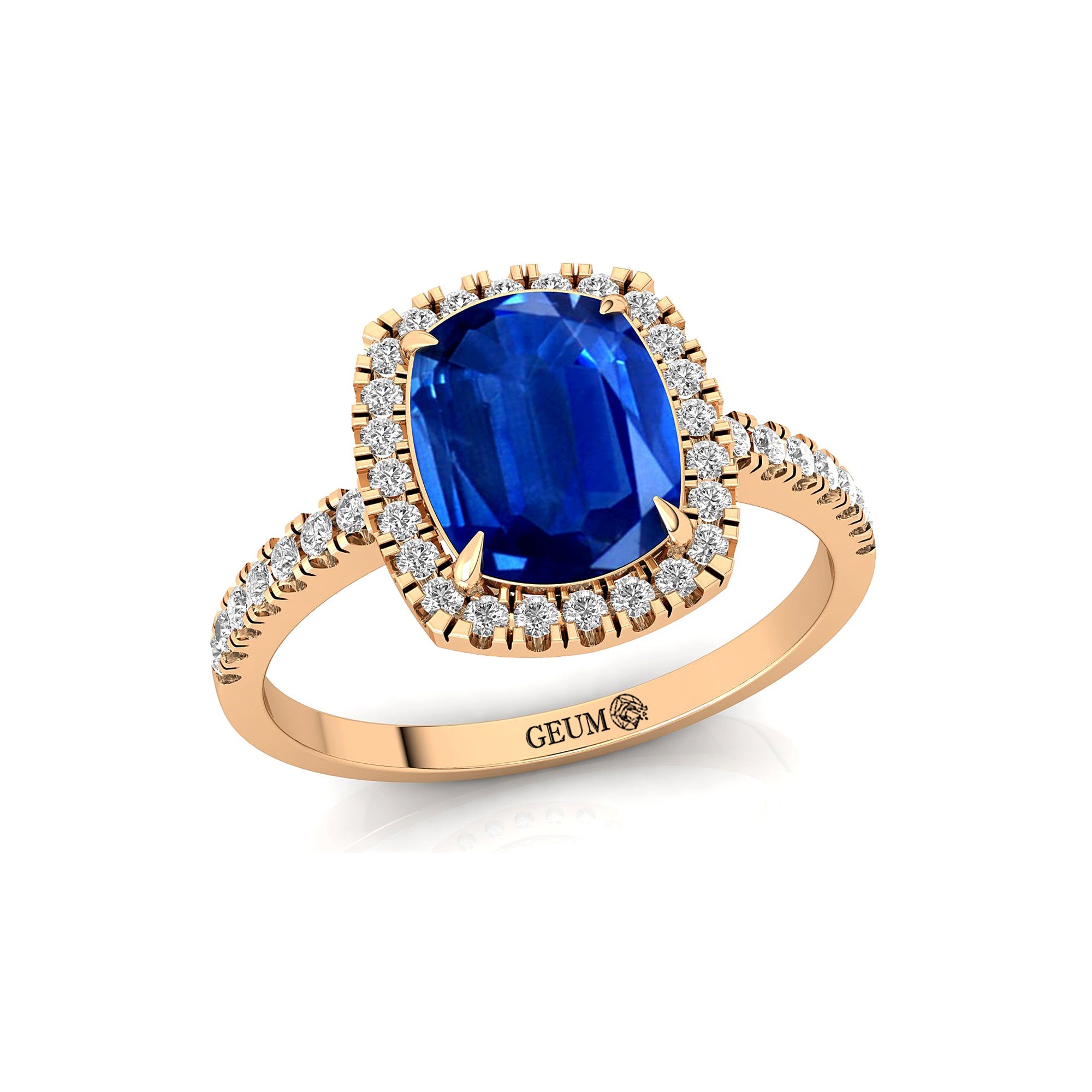 Elongated Cushion Halo Set Blue Sapphire Engagement Ring with Diamond Band - GeumJewels