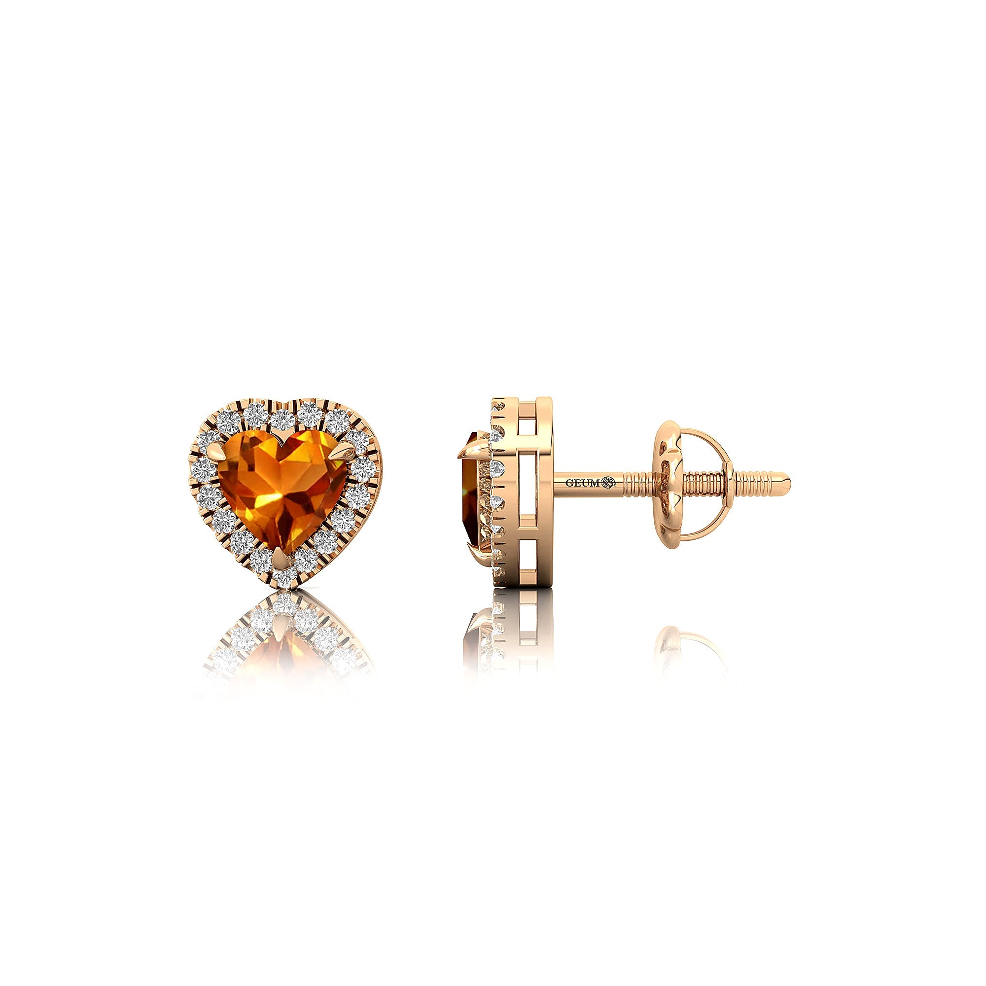 Heart Shaped Citrine Halo Diamond Stud Earrings - GeumJewels