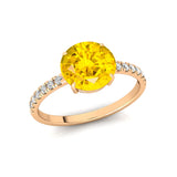 Classic Six Prong Round Solitaire Yellow Sapphire Ring with Accent Diamond Band - GeumJewels