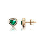 Heart Shaped Emerald Halo Diamond Stud Earrings - GeumJewels