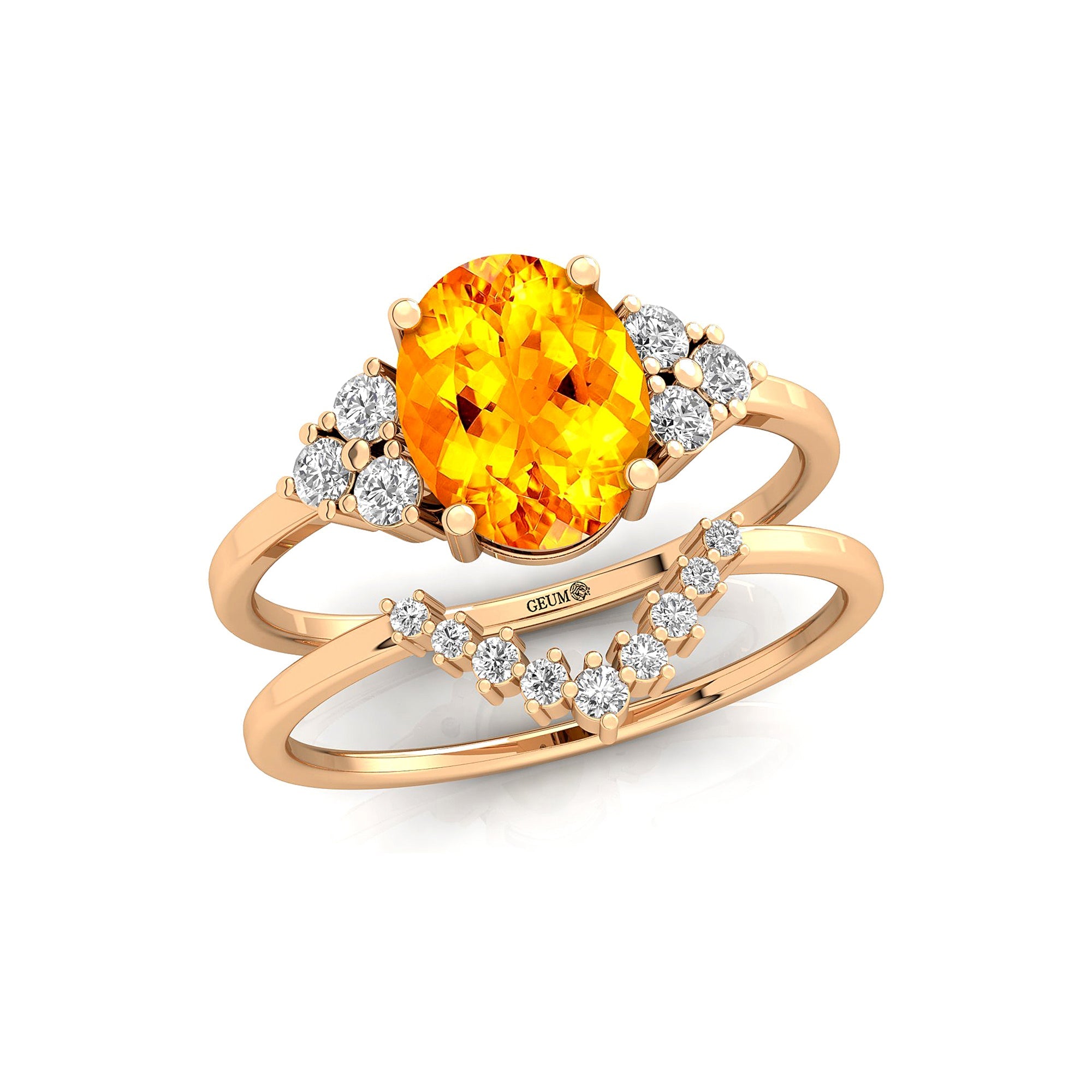 Citrine Solitaire Gold Ring With Stackable Diamond Band - GeumJewels