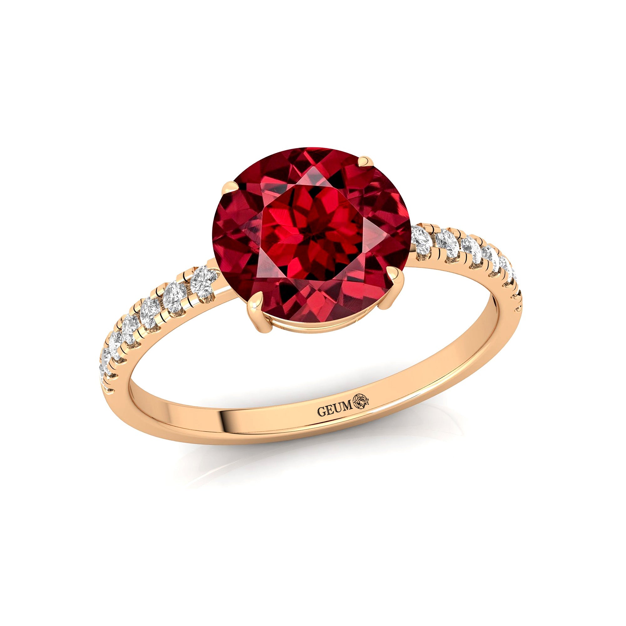 Classic Six Prong Round Solitaire Garnet Ring with Accent Diamond Band - GeumJewels