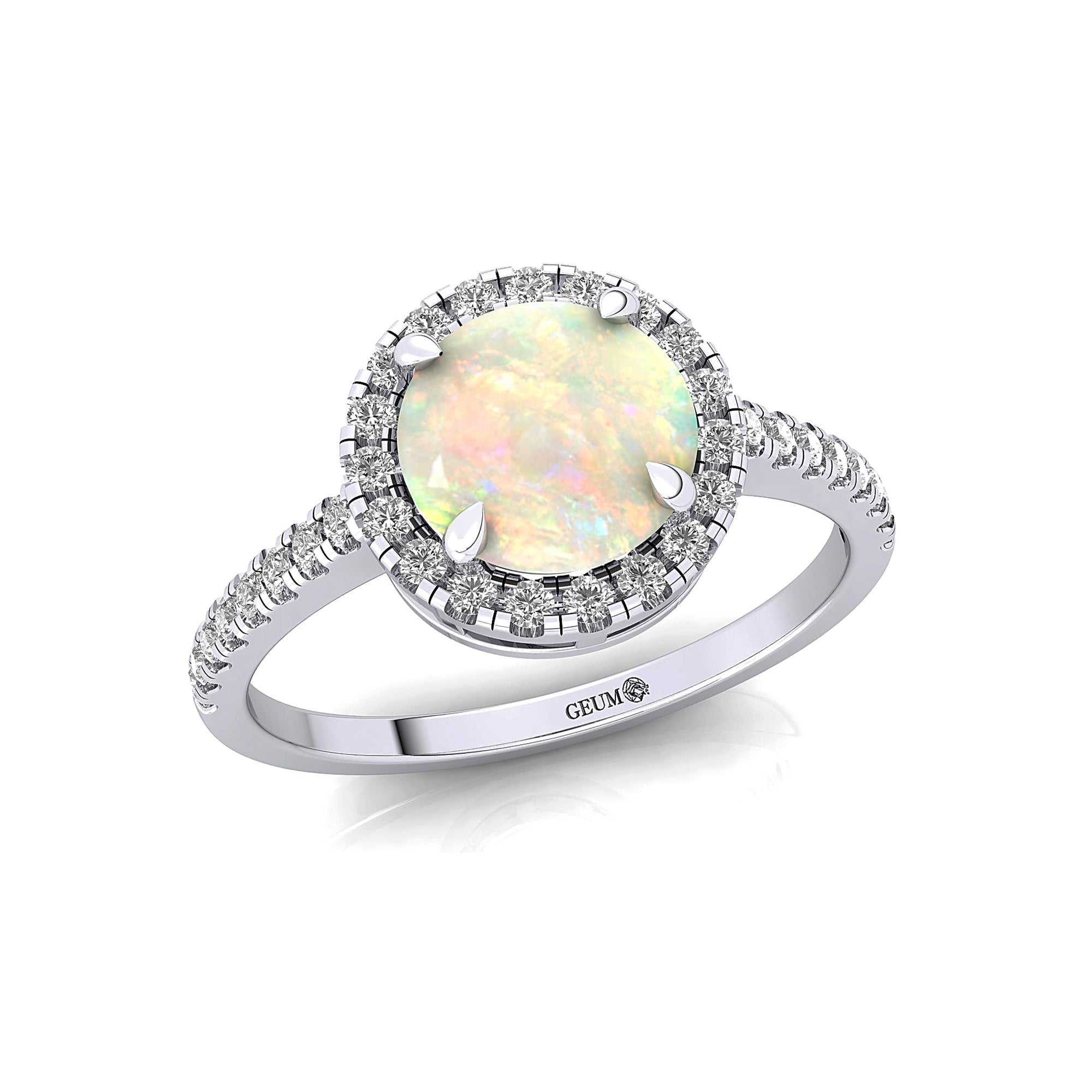 Classic Round Halo Diamonds with Solitaire Opal Engagement Ring - GeumJewels