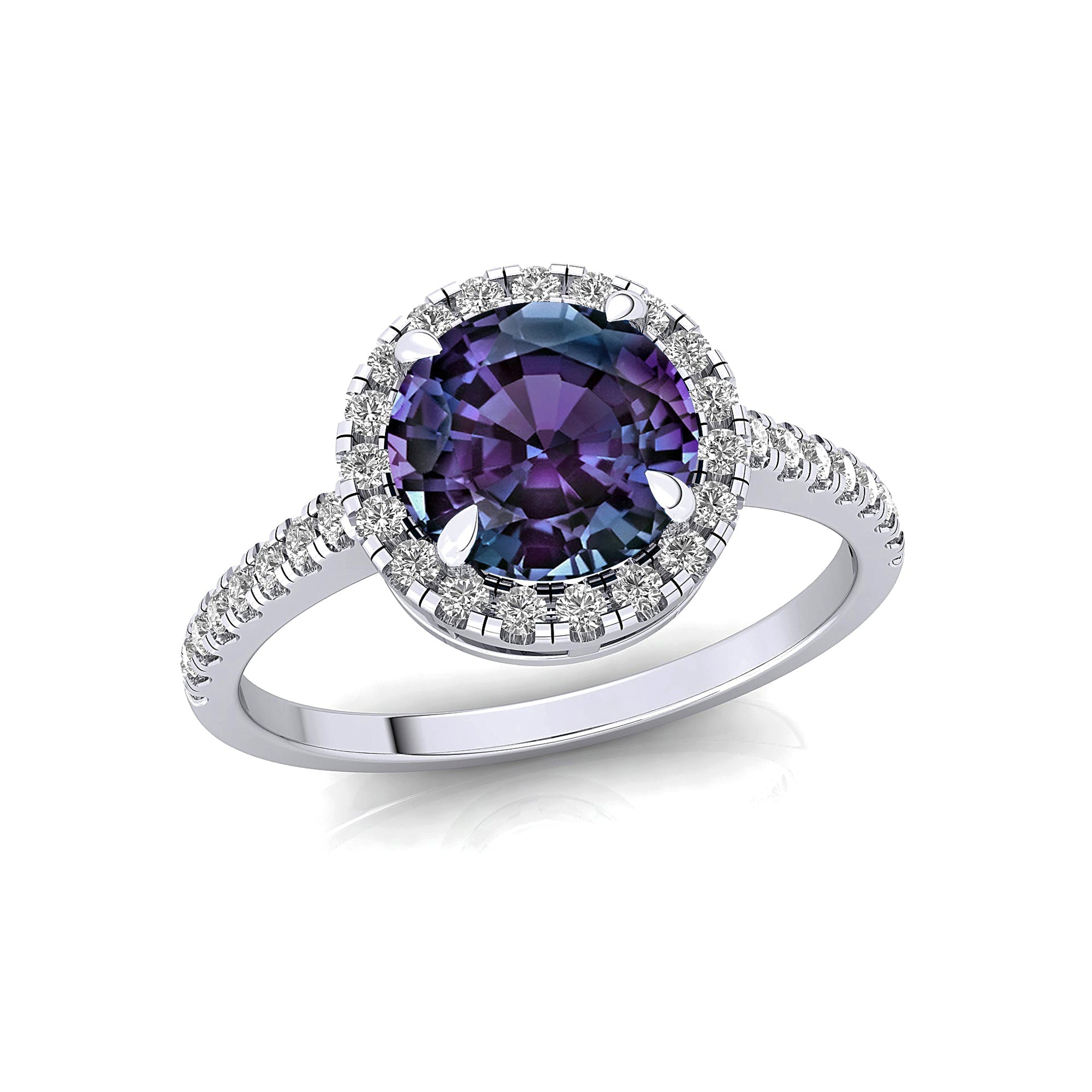 Classic Round Halo Diamonds with Solitaire Alexandrite Engagement Ring - GeumJewels