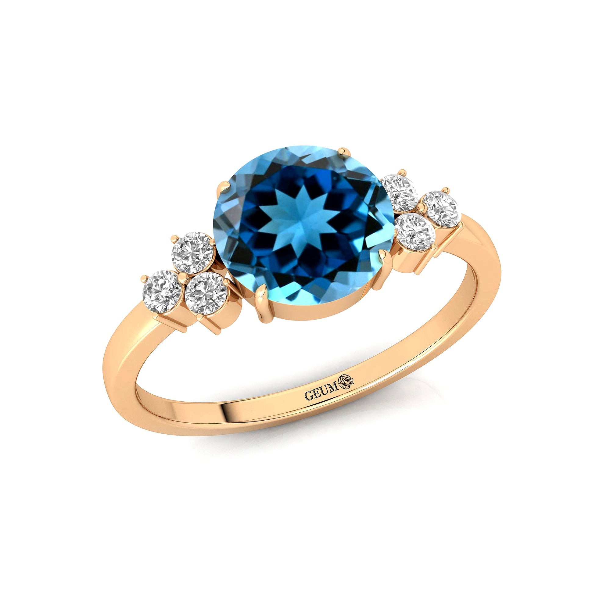 Trio Diamond Engagement Ring with Round Solitaire London Blue Topaz - GeumJewels