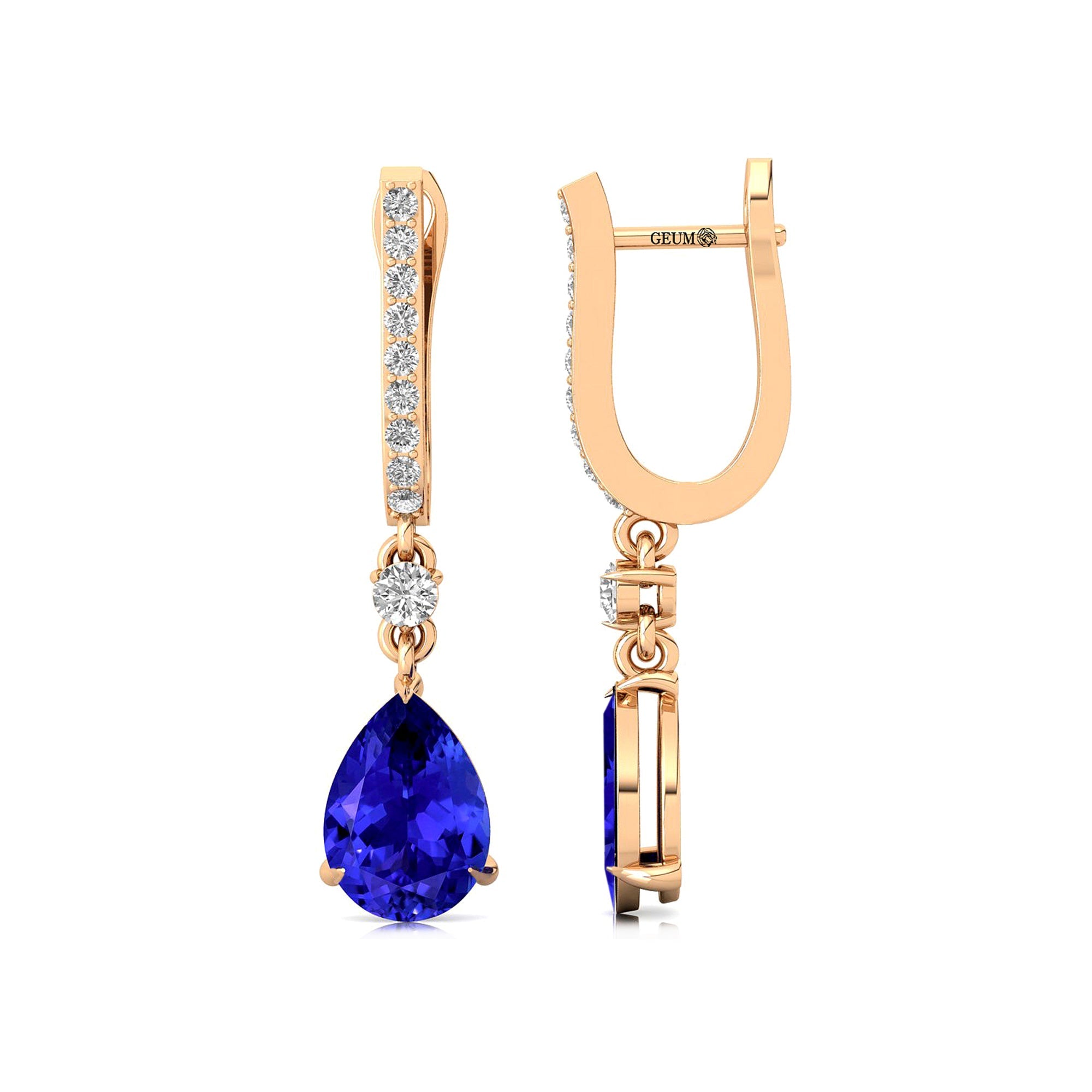 Lever Back Diamond Drop Earrings with Pear Cut Tanzanite - GeumJewels