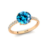 Classic Six Prong Round Solitaire London Blue Topaz Ring with Accent Diamond Band - GeumJewels