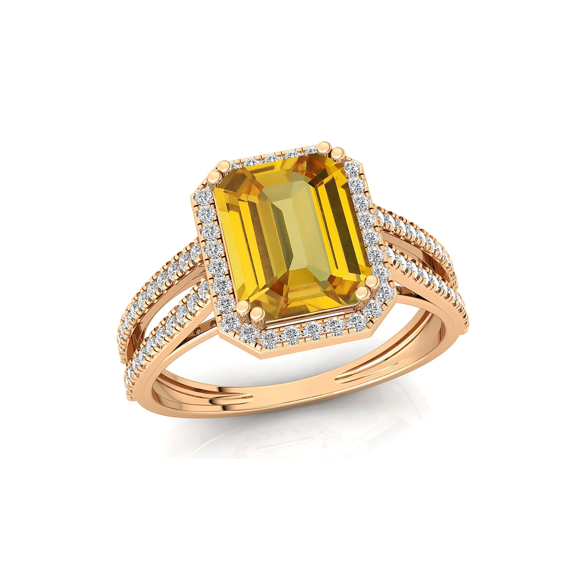 Halo Set Emerald Shaped Yellow Sapphire Split Shank Ring with Accent Diamonds - GeumJewels