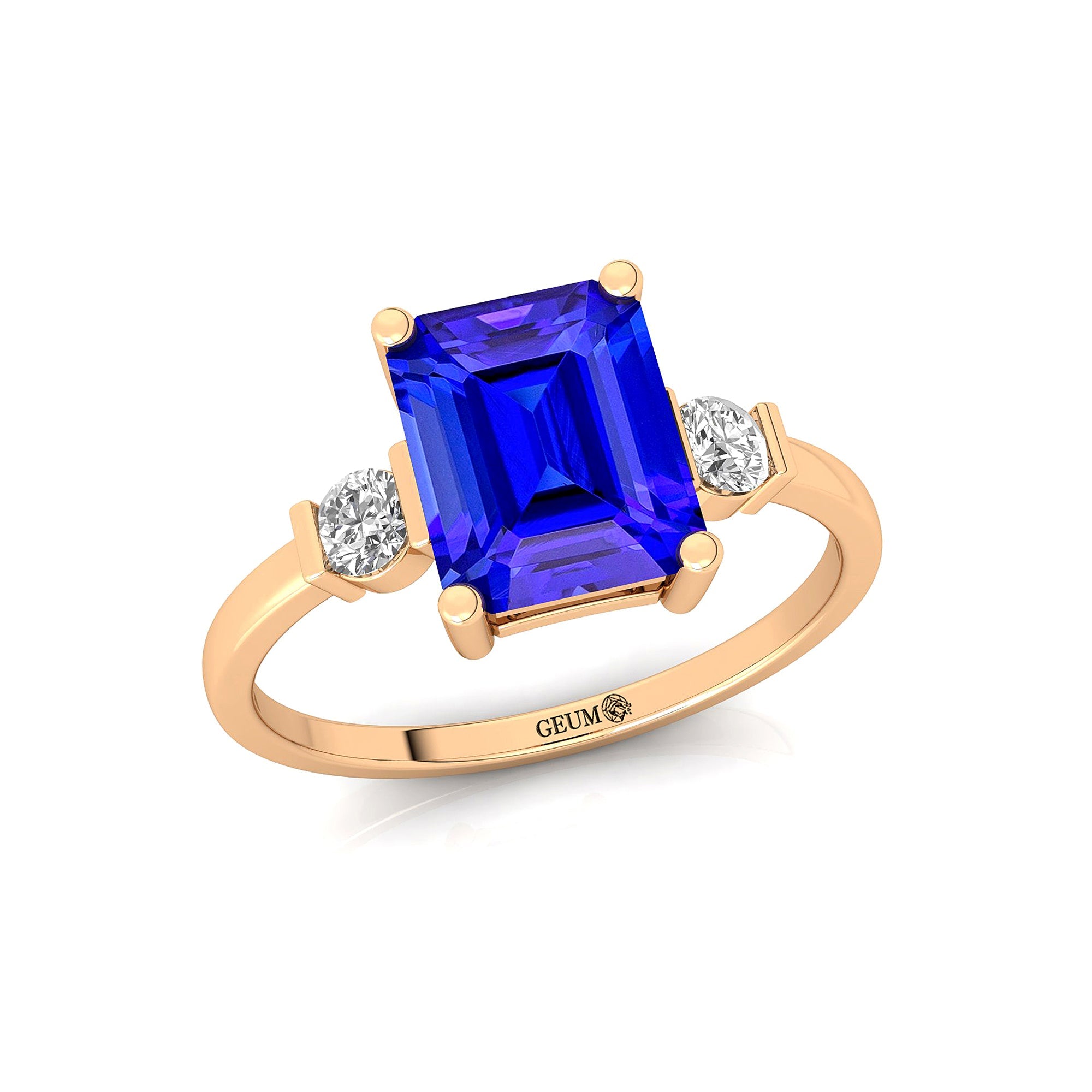 Emerald Cut Tanzanite and Diamond Three Stone Ring - GeumJewels