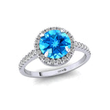 Classic Round Halo Diamonds with Solitaire Swiss Blue Topaz Engagement Ring - GeumJewels