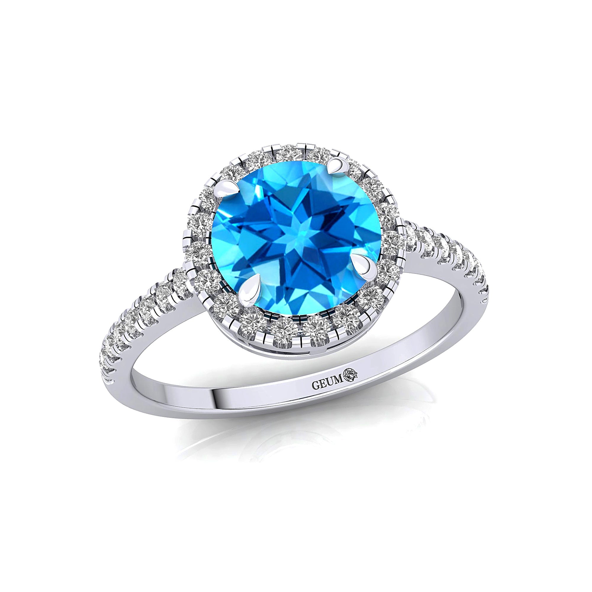 Classic Round Halo Diamonds with Solitaire Swiss Blue Topaz Engagement Ring - GeumJewels