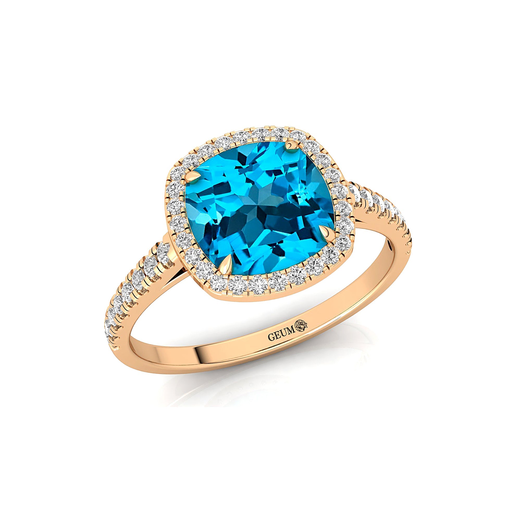 Halo Diamond Engagement Ring with Cushion Cut Swiss Blue Topaz - GeumJewels