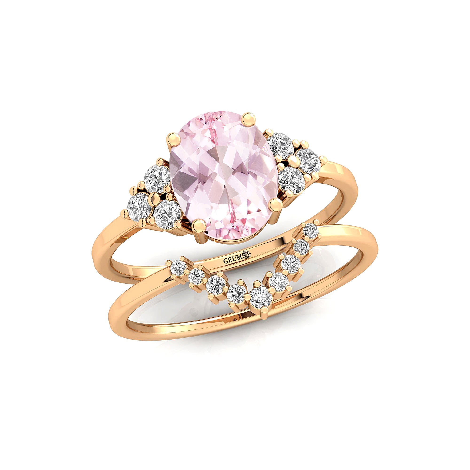 Morganite Gold Ring With Stackable Diamond Band - GeumJewels