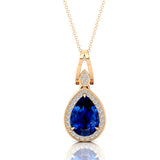 Classic Teardrop Shaped Blue Sapphire Halo Diamond Dangle Pendant - GeumJewels