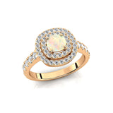 Double Halo Diamond Cushion Cut Opal Ring - GeumJewels