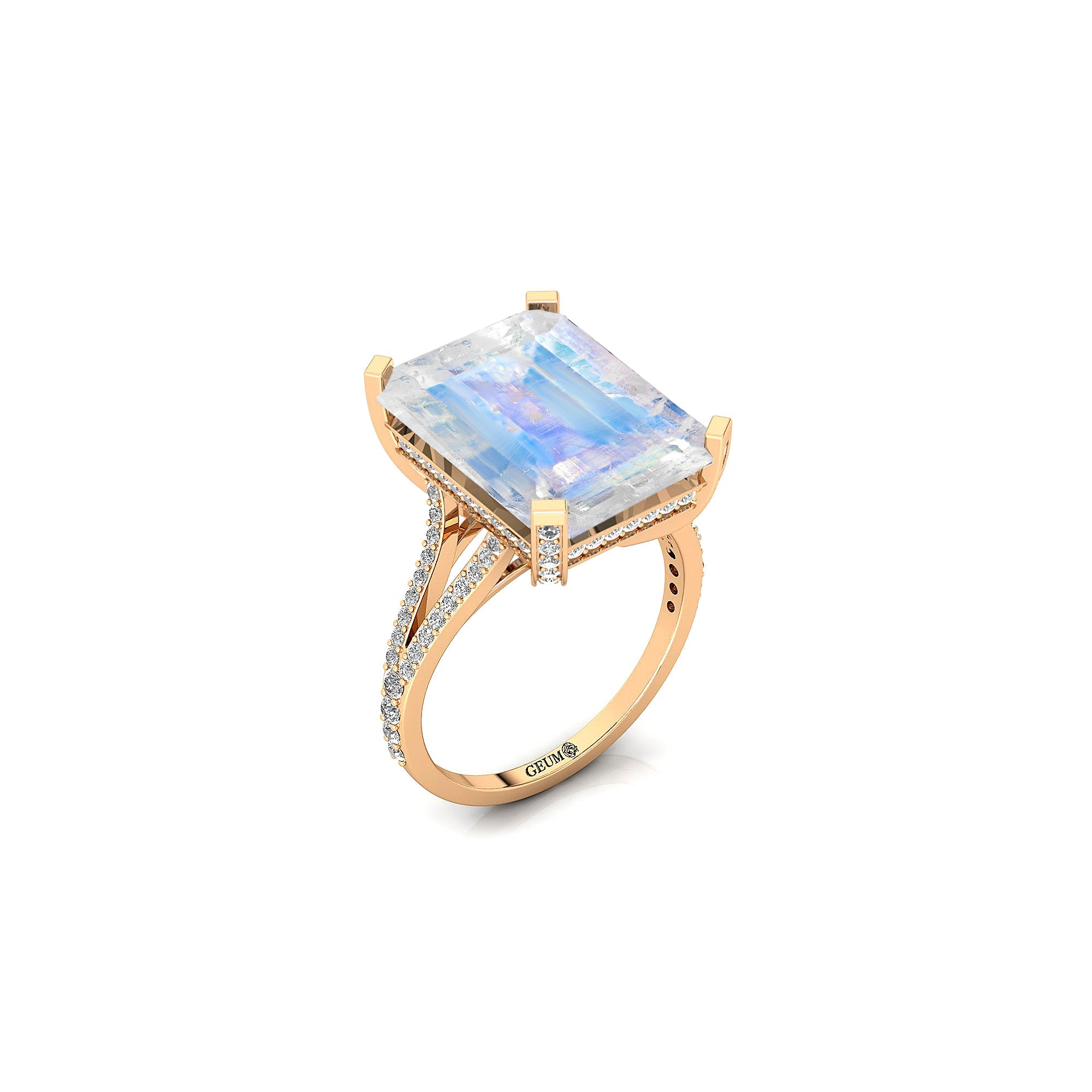 Emerald Cut Moonstone Split Shank Engagement Ring with Diamonds - GeumJewels