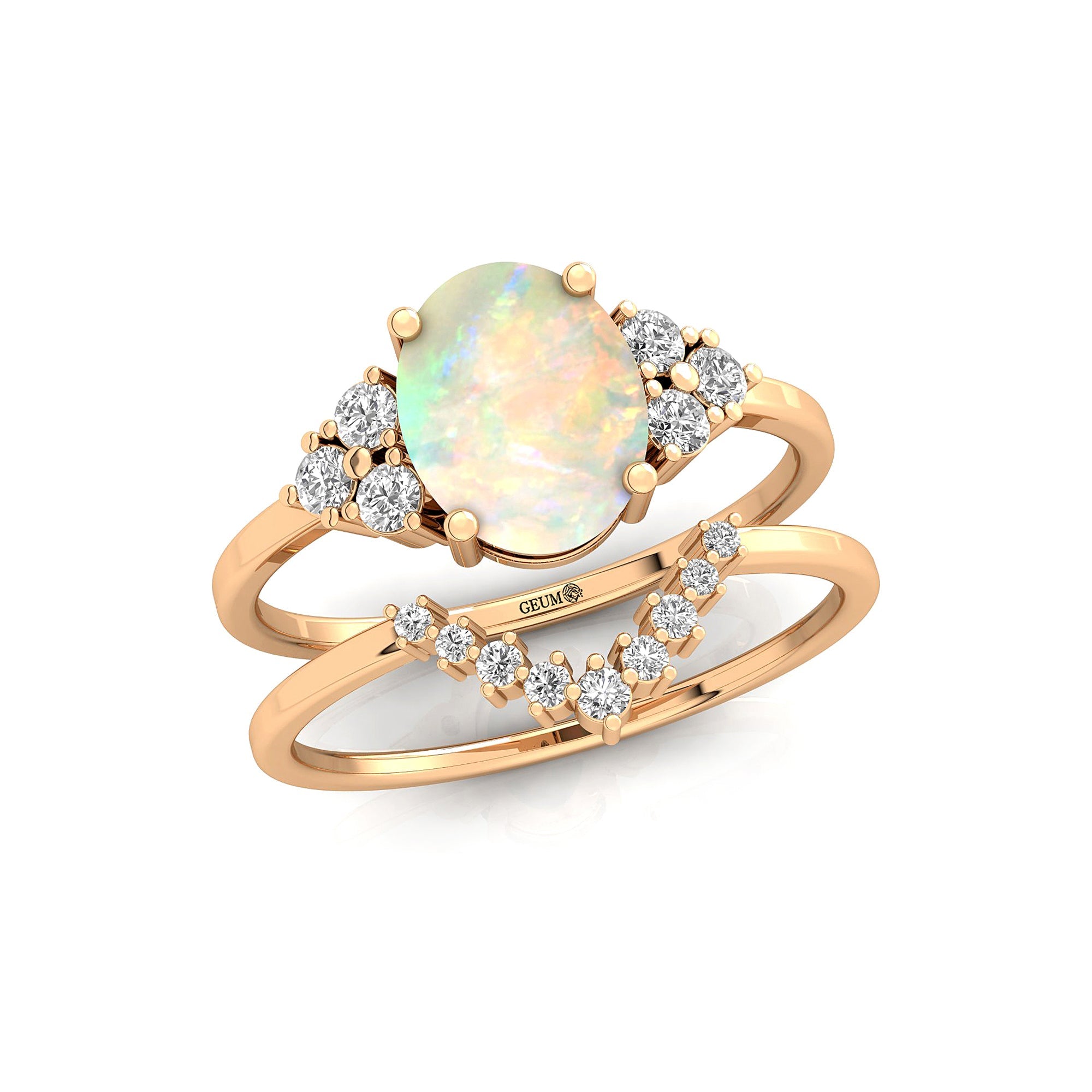 Opal Solitaire Gemstone Ring with Stackable Diamond Band - GeumJewels