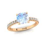 Moonstone Square Cushion Under Halo Diamonds Thin Ring with Diamond Band - GeumJewels