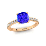 Tanzanite Square Cushion Under Halo Diamonds Thin Ring with Diamond Band - GeumJewels