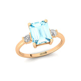 Emerald Cut Aquamarine and Diamond Three Stone Ring - GeumJewels