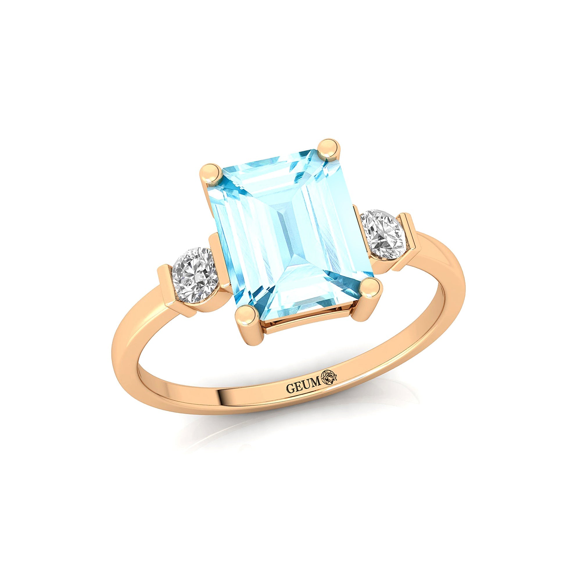 Emerald Cut Aquamarine and Diamond Three Stone Ring - GeumJewels