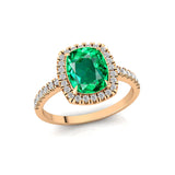 Elongated Cushion Halo Set Emerald Engagement Ring with Diamond Band - GeumJewels