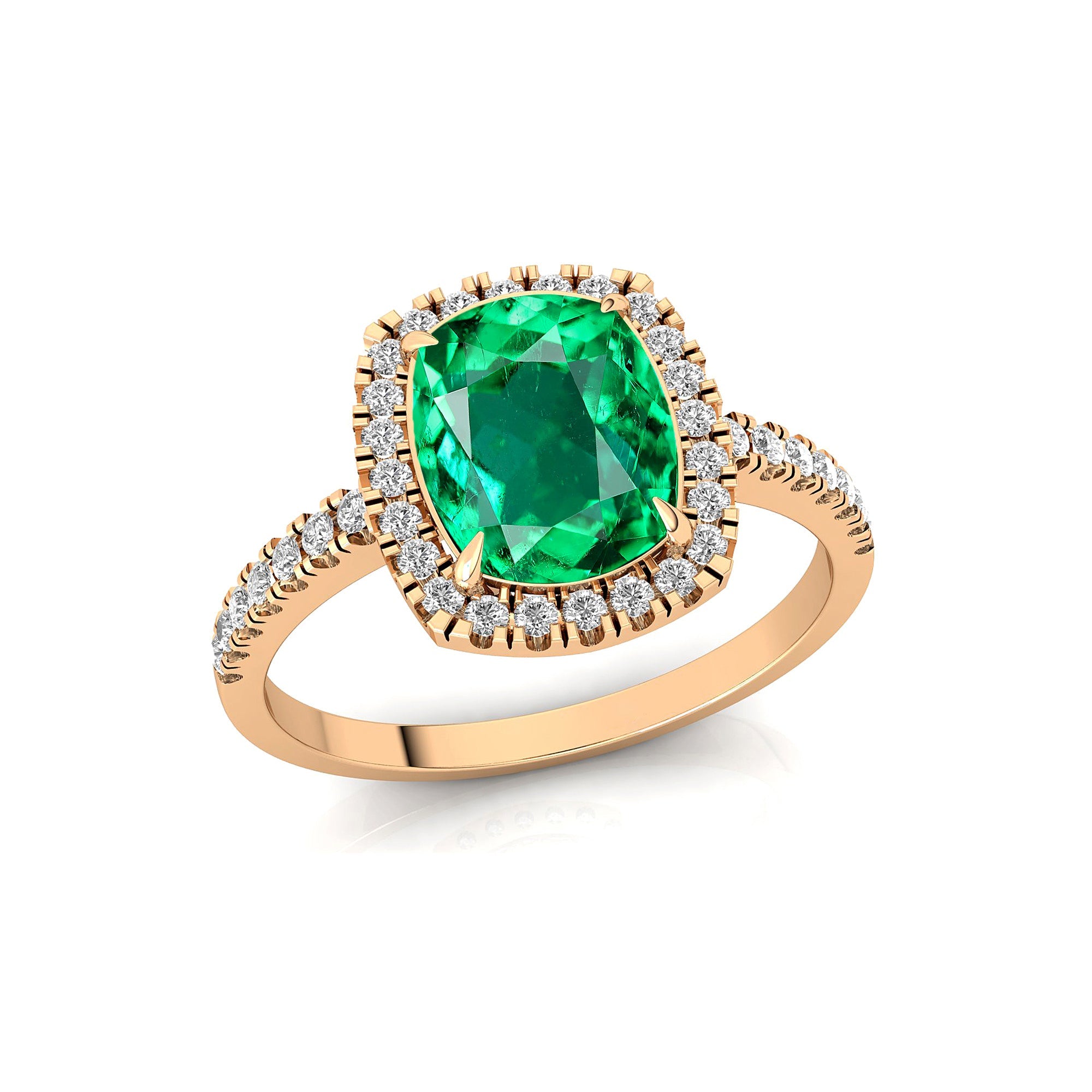 Elongated Cushion Halo Set Emerald Engagement Ring with Diamond Band - GeumJewels