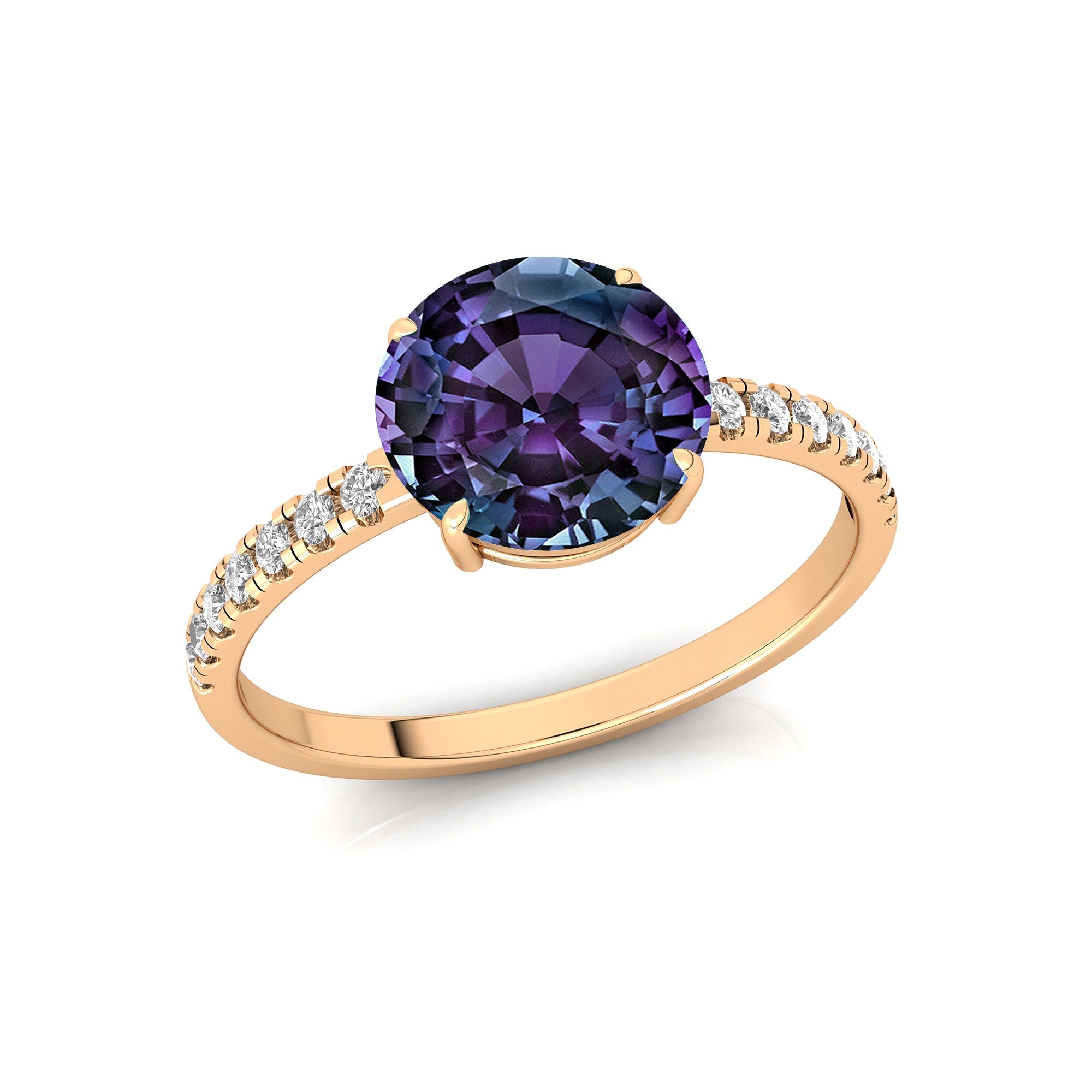 Classic Six Prong Round Solitaire Alexandrite Ring with Accent Diamond Band - GeumJewels