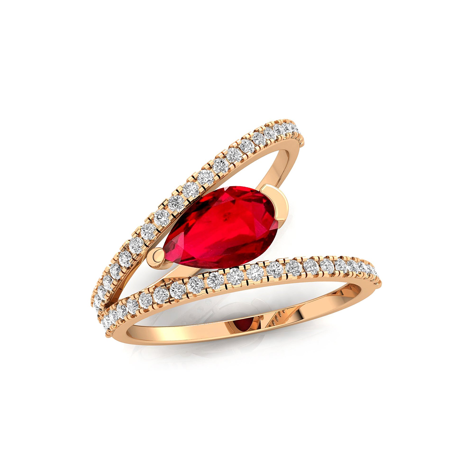 Fashionable V Shaped Diamond Ring with Pear Cut Ruby - GeumJewels
