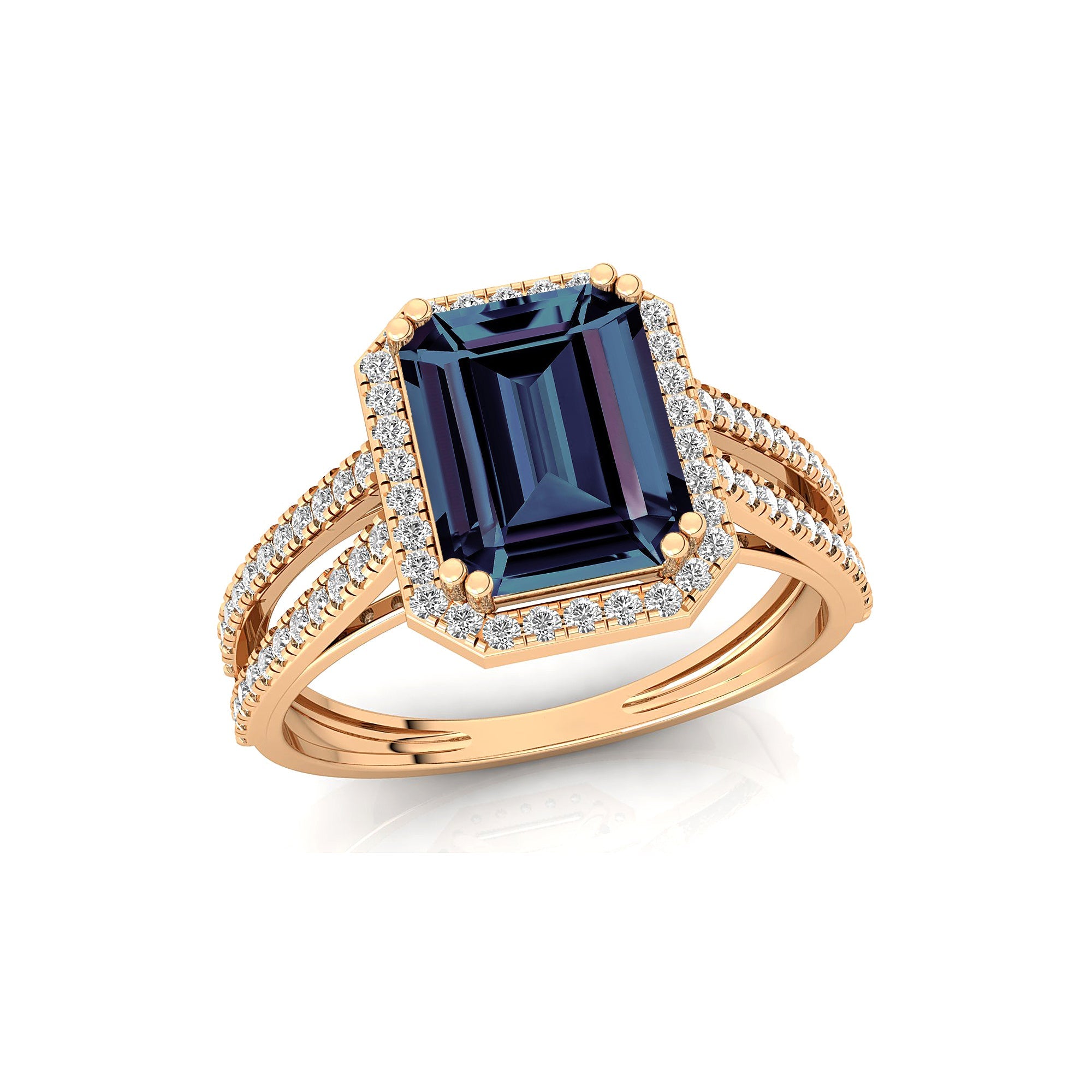Halo Set Emerald Shaped Alexandrite Split Shank Ring with Accent Diamonds - GeumJewels