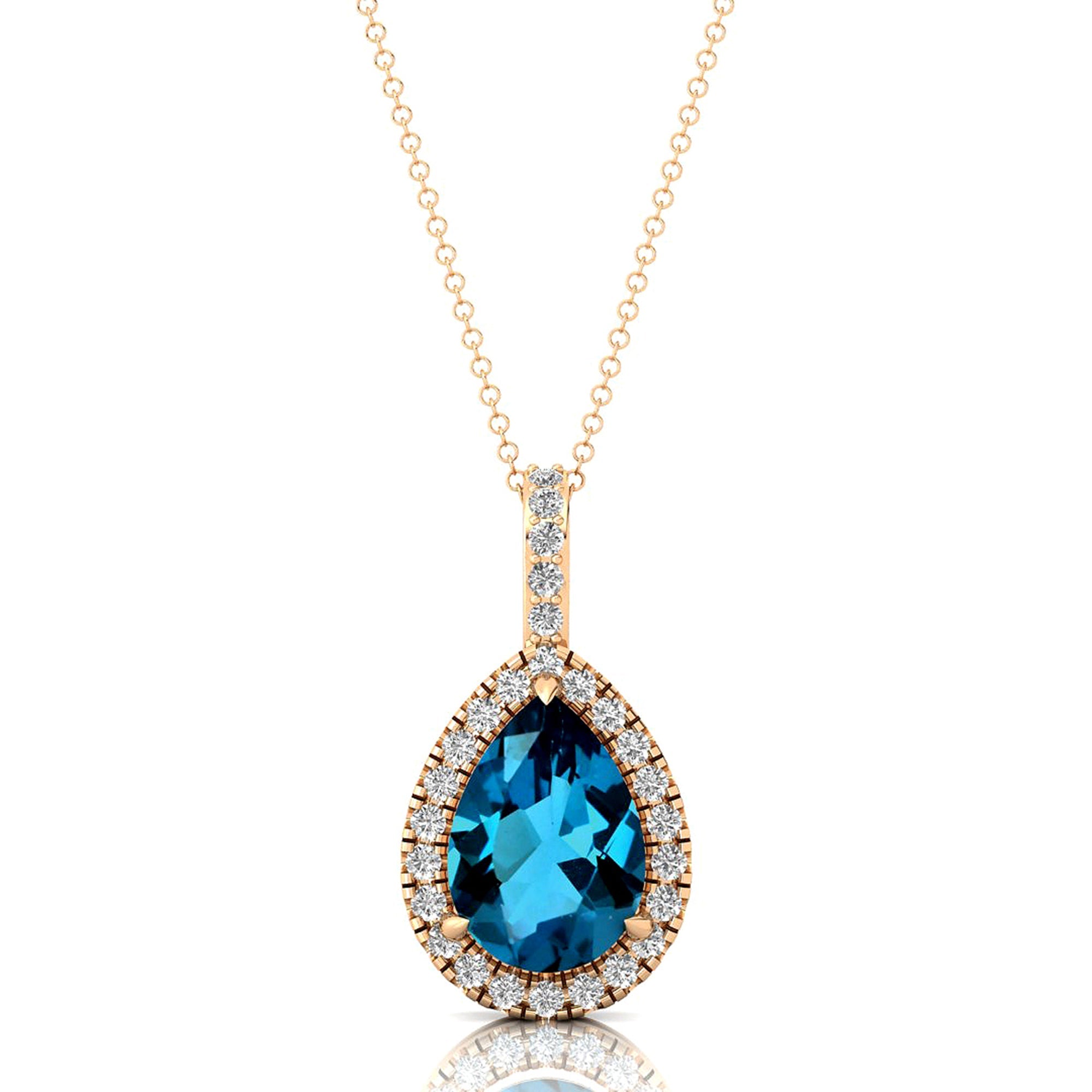 London Blue Topaz Teardrop Pendant with Diamond Halo - GeumJewels
