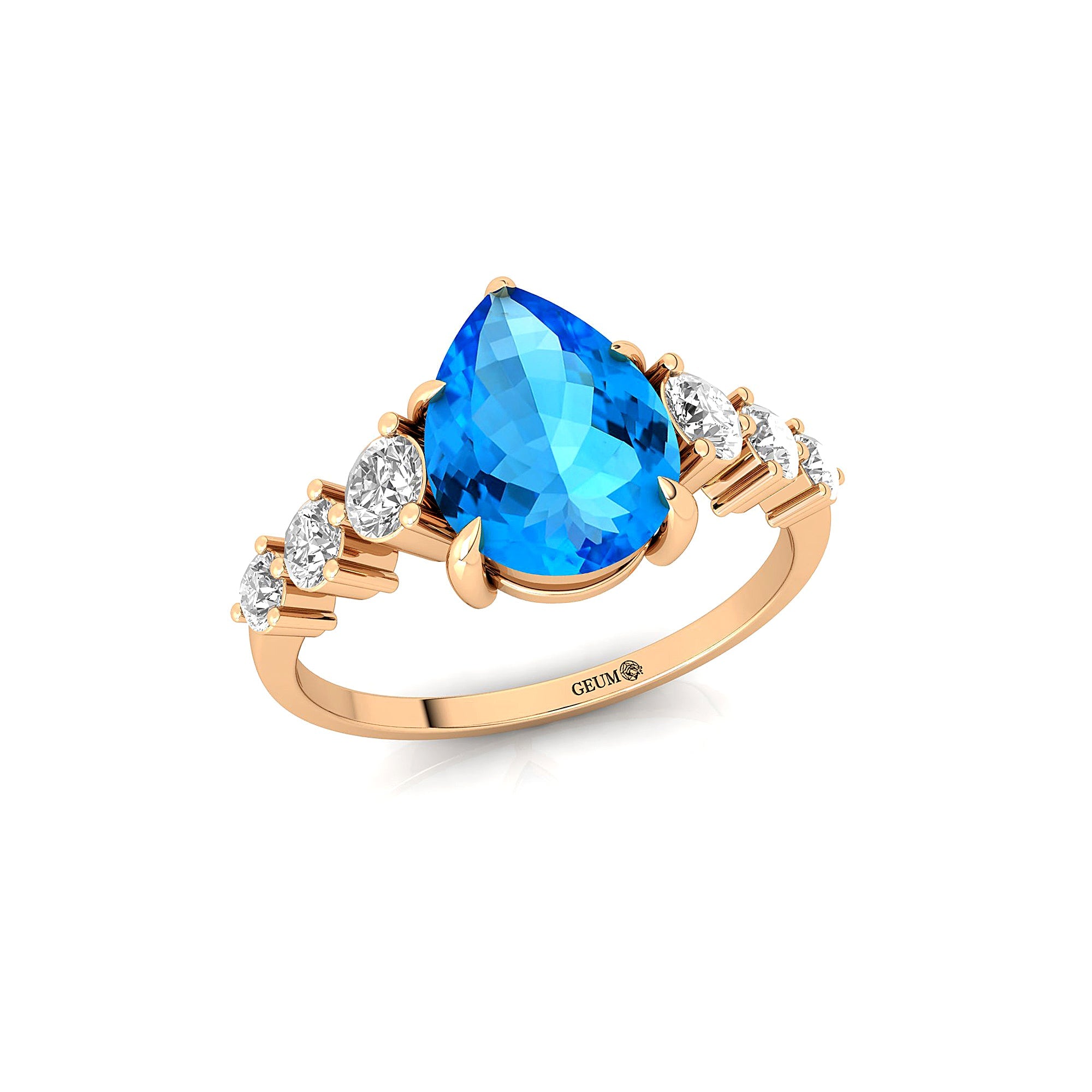 Pear Cut Swiss Blue Topaz with Graduated Diamonds Ring - GeumJewels
