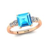 Princess Cut Swiss Blue Topaz Graduating Accent Diamond Ring - GeumJewels