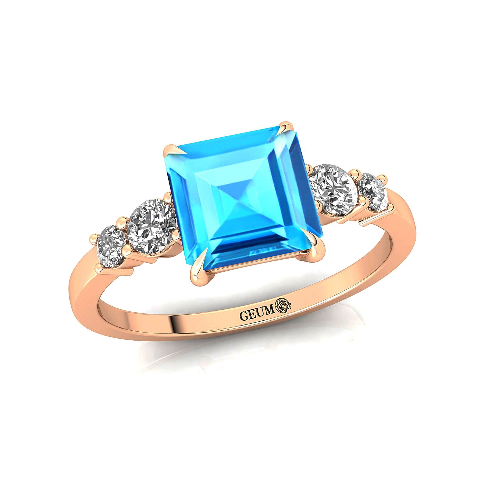Princess Cut Swiss Blue Topaz Graduating Accent Diamond Ring - GeumJewels