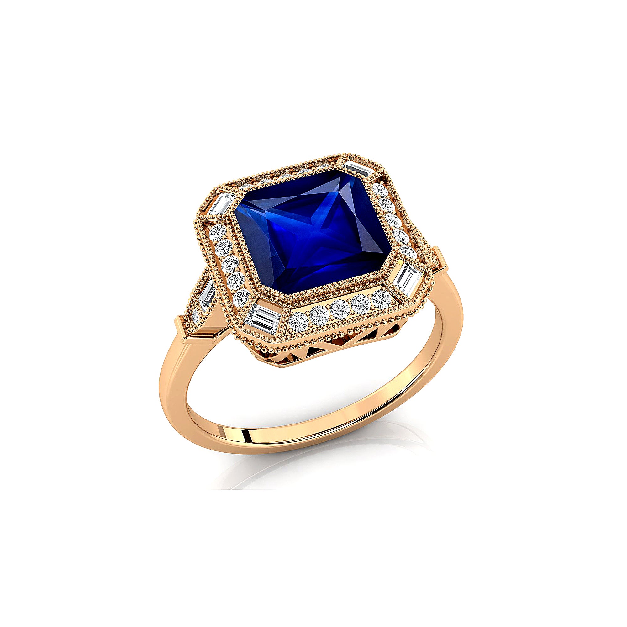 Vintage Style Square Cut Blue Sapphire Diamond Ring - GeumJewels