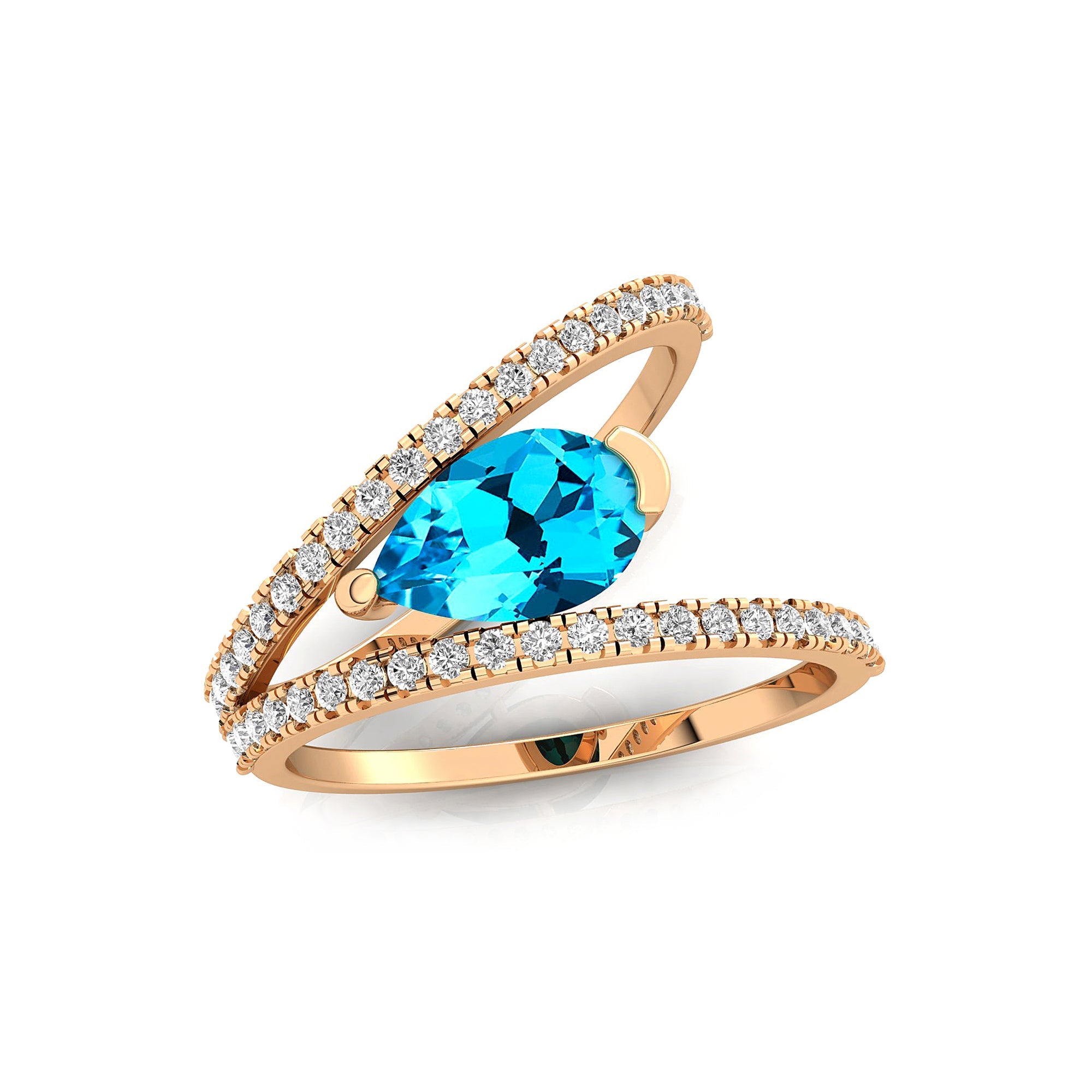 Fashionable V Shaped Diamond Ring with Pear Cut Swiss Blue Topaz - GeumJewels