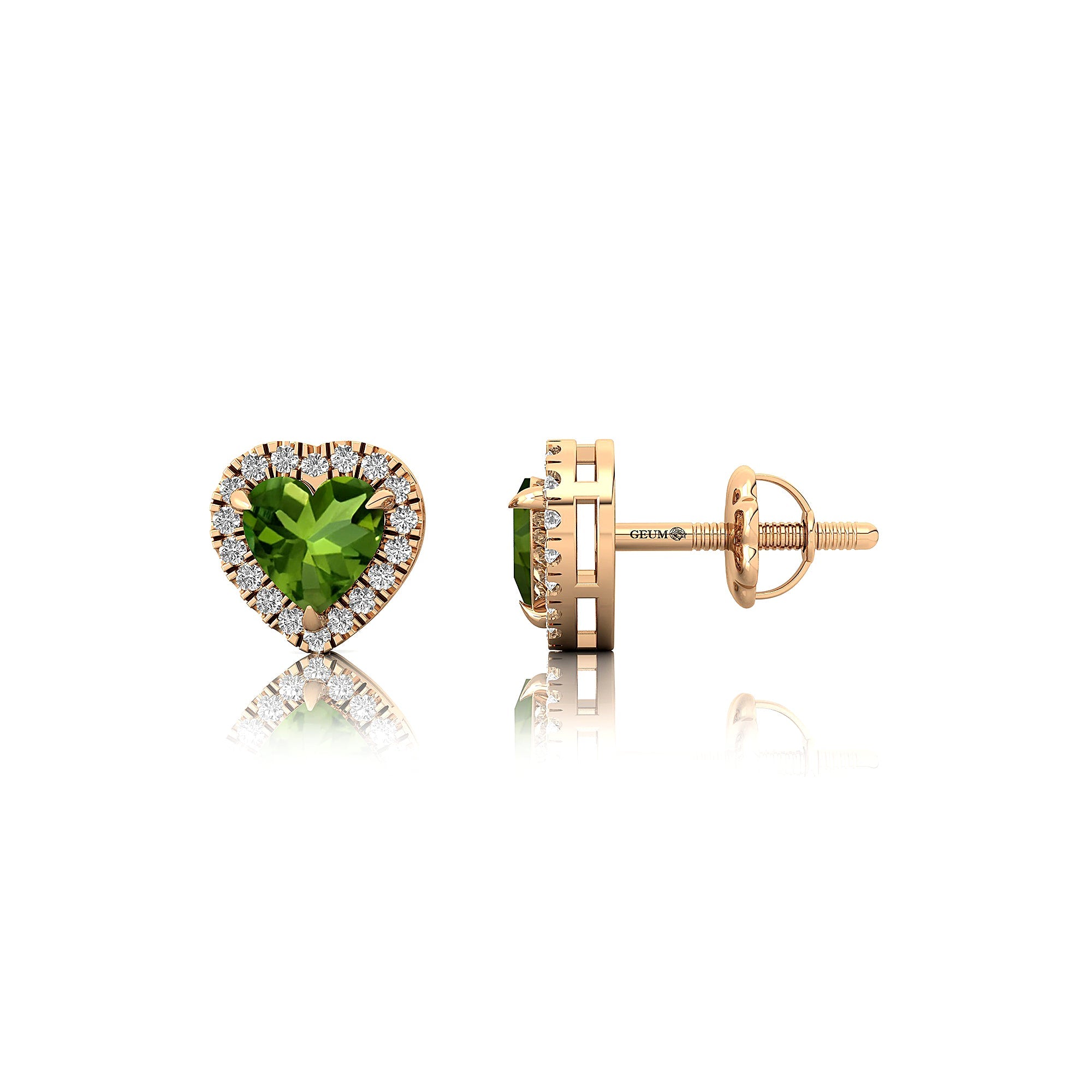 Heart Shaped Peridot Halo Diamond Stud Earrings - GeumJewels